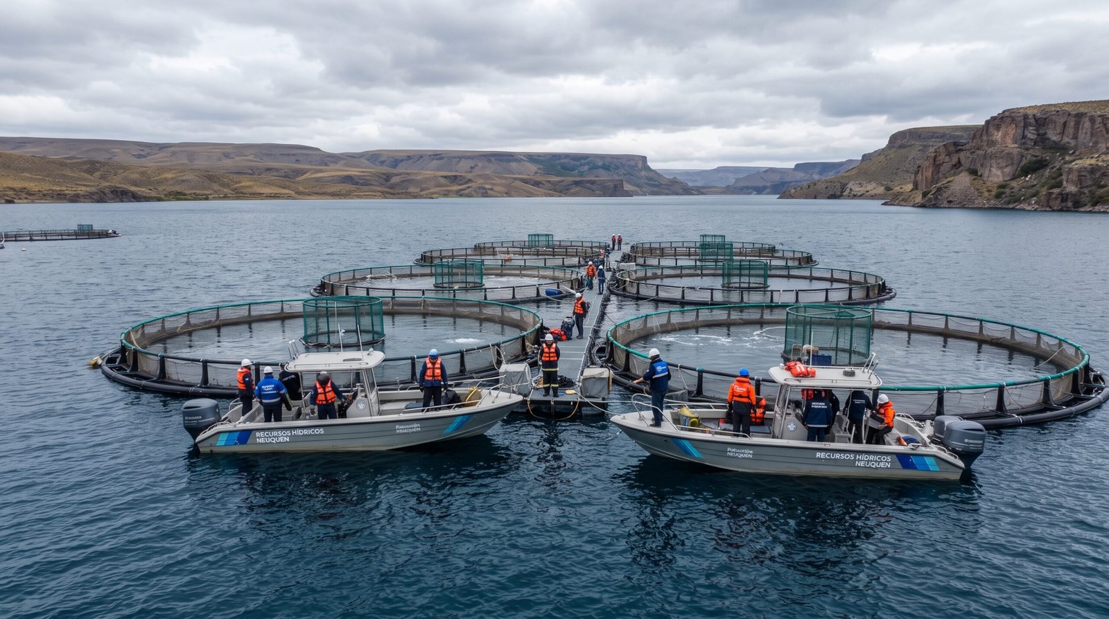 Recursos Hídricos de Neuquén supervisó la reubicación de jaulas de cría de truchas en el embalse de Piedra del Águila